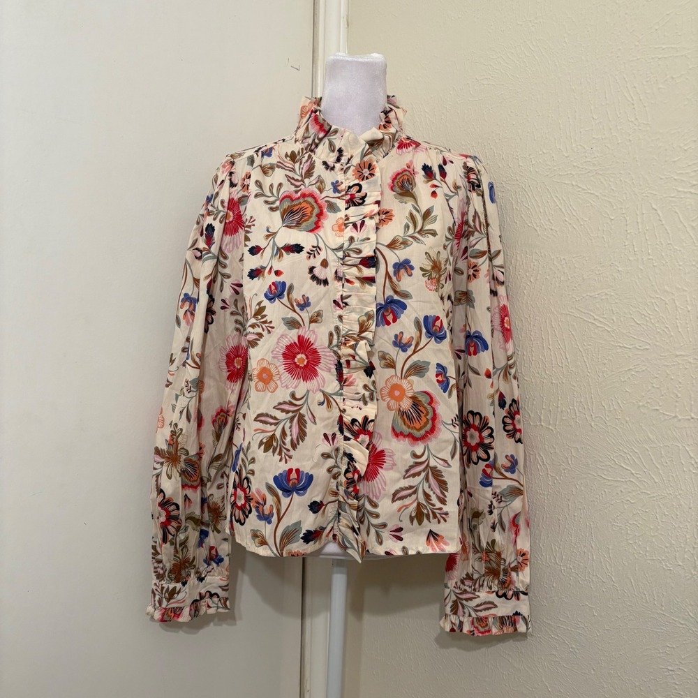 NWT Multicolor Cream Floral Ruffle High Neck Button Down Blouse Rustic Retro